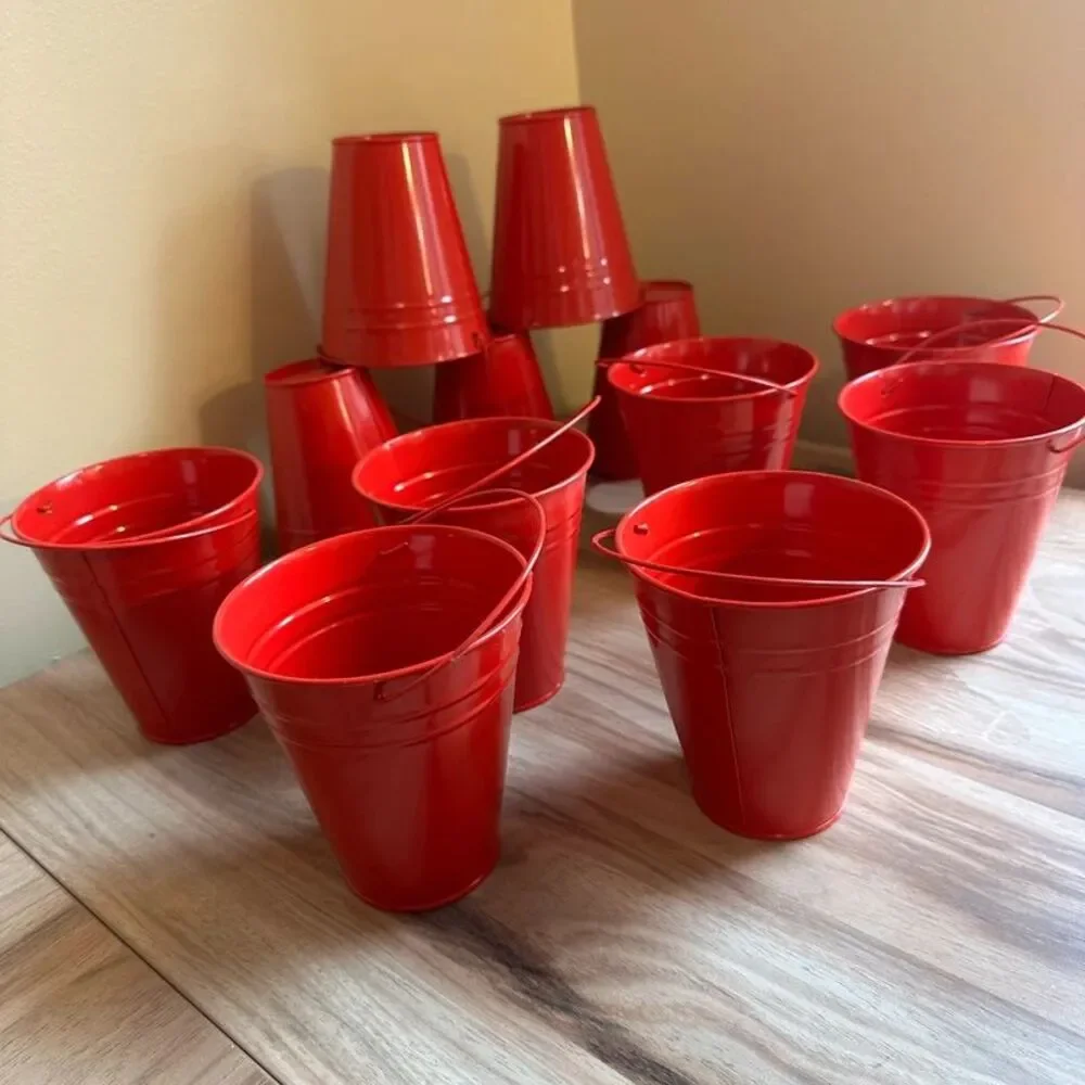 12 Red Mini Metal Buckets Containers decor 5” Pails Candy Gift Party Favor